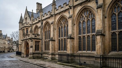 Obraz premium A historic Gothic-style stone building with pointed arches and large windows stands on a cobblestone street on a cloudy day.