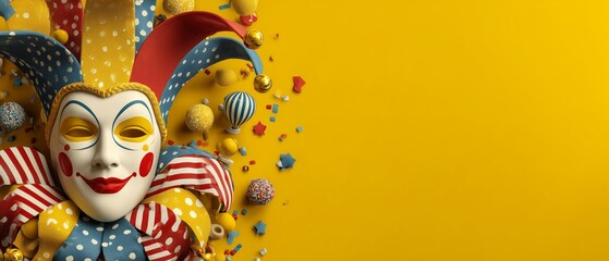 Obraz premium Celebrate April Fools Day with a bright yellow background featuring a clown mask and colorful decorations