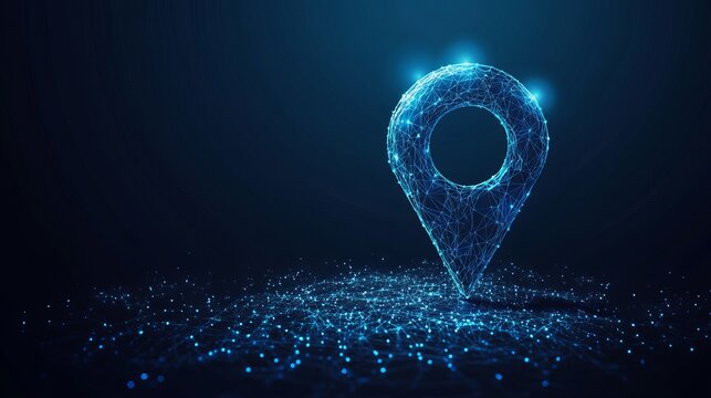A glowing blue location pin made of tiny particles on a dark background