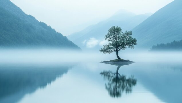 Lone tree on island in misty mountain lake with still water reflection