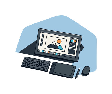 Refined contemporary graphic design workstation concept with essential monitor tablet and input devices subtly offset and aligned