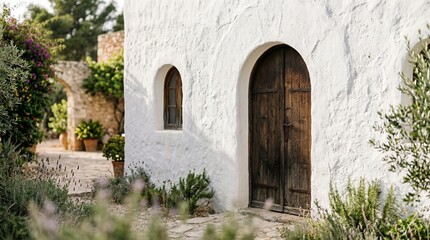Naklejka premium A white stucco building with a wooden door and arched window surrounded by lush greenery and a stone pathway in a serene garden setting