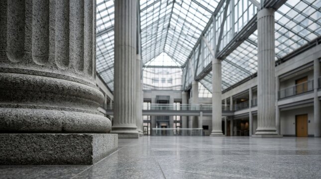 A spacious interior of a modern building with large columns and a glass roof