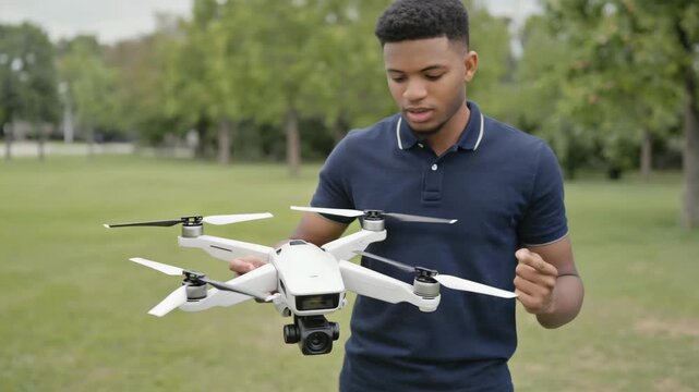 Close up of drone parts with professional reviewer demonstrating high-tech capabilities
