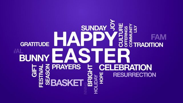 Happy easter concept Animated Tag Word Cloud kinetic typography, Text Design Animation typography seamless loop video motion graphics Intro Wordart violet purple background bg backdrop video
