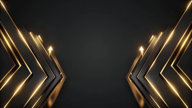Golden glowing lines forming chevron patterns on dark background, abstract futuristic architecture with neon lights, sleek modern design