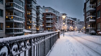 Fototapeta premium A snow-covered street with a black metal fence and buildings in the background on a cold winter evening