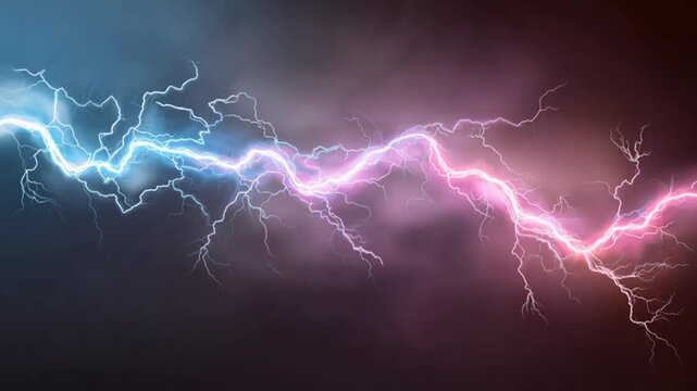 A striking image of two streaks of lightning of different colors flashing across a dark sky