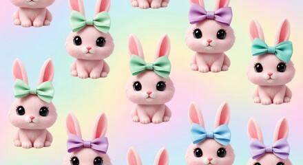 Charming bunny rabbits with colorful bows on pastel background