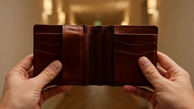 Close-up of hands holding open brown leather wallet showing empty card slots indoors hands holding wallet