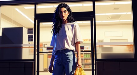 Fototapeta premium Young woman standing outside storefront at night with yellow bag 