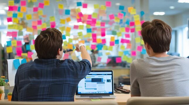 Two colleagues collaborating in a modern office with colorful sticky notes on the wall in a video
