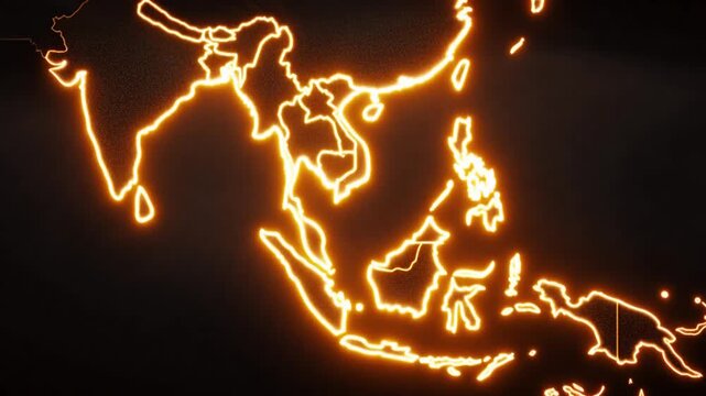 Glowing outline of Southeast Asian countries map against a dark background, abstract digital art