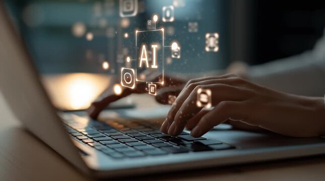 A person using a laptop with AI icons floating above the keyboard in a dark room