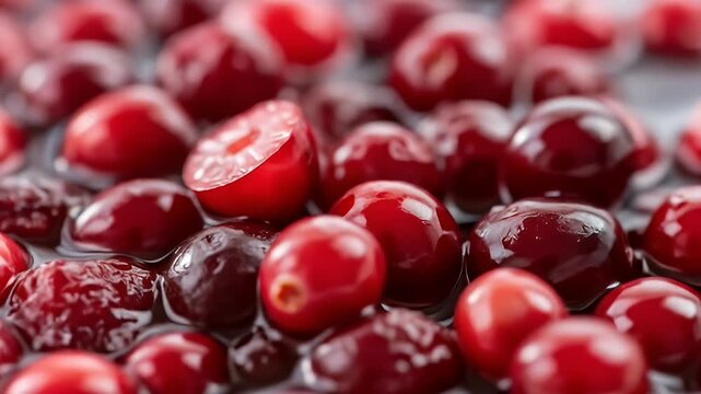 Close up of many cranberries, whole and cut, in a glossy pool