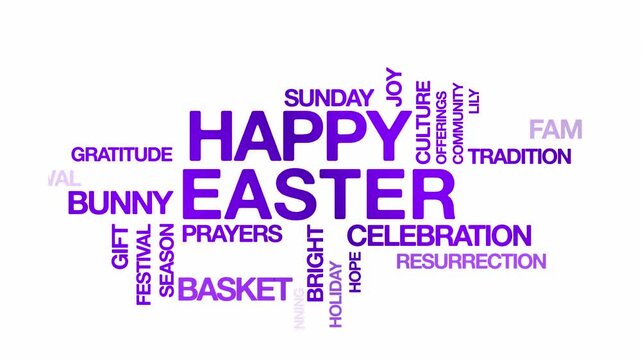 Happy easter concept Animated Tag Word Cloud kinetic typography, Text Design Animation typography seamless loop video motion graphics Intro Wordart purple violet type on white background bg backdrop v