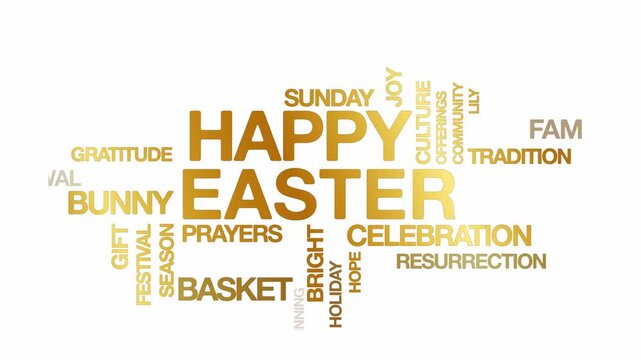 Happy easter concept Animated Tag Word Cloud kinetic typography, Text Design Animation typography seamless loop video motion graphics Intro Wordart gold golden type on white background bg backdrop cli