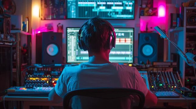 A music producer working in a modern recording studio with video software