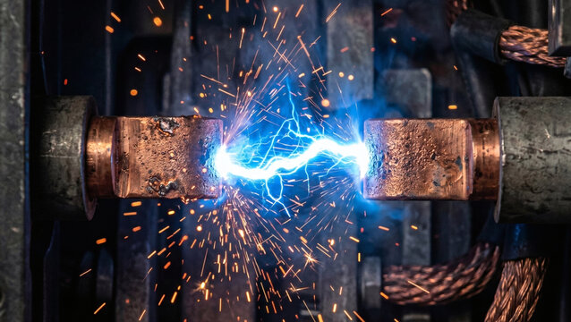 Extreme close-up of a violent blue electrical arc short circuit between heavy copper contacts with flying sparks
