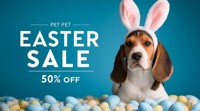 A cute beagle dog wearing bunny ears in Easter eggs video