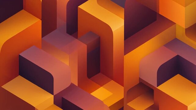 A geometric abstract image with repeating three-dimensional block forms and gradients of oranges and reds