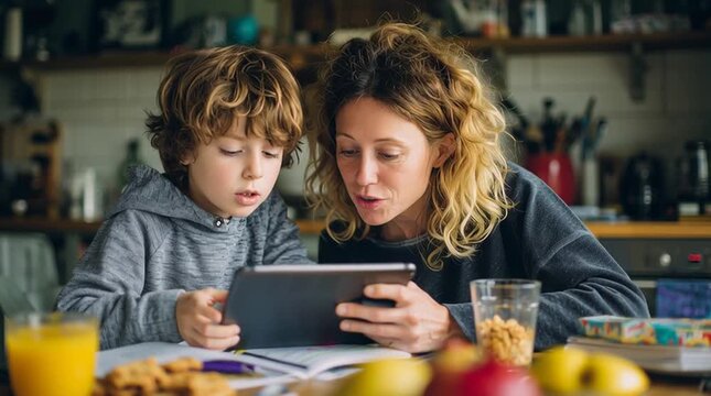 A mother and son enjoying a video together in their kitchen