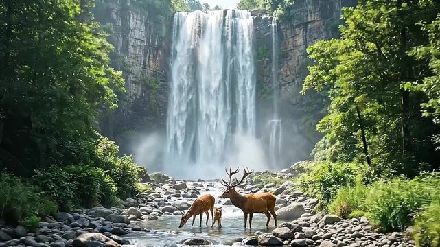 Majestic waterfall with deer in a serene natural setting