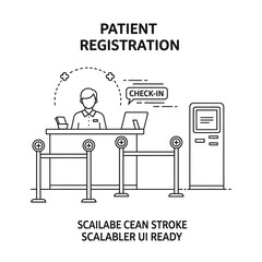 Fototapeta premium Illustration of a patient registration desk with a receptionist, a check-in kiosk, and a queue system, representing healthcare administrative processes.