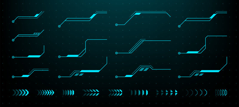 Set of blue hud callout boxes and arrows for interface design. Digital data pointer tag infographic element. Futuristic user monitor overlay, technology information tracking frame.