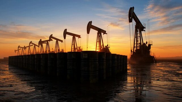 Oil pumps silhouetted against golden sunset reflection on calm water pumpjacks oil drilling oil rig fossil fuel industry