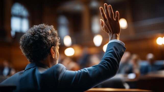 Wide bright courtroom  of a faceless lawyer from behind in a formal courtroom setting one arm raised in an expressive argumentative gesture toward an implied panel