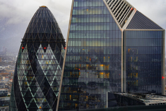 City Of London, Square Mile Financial District, Bishopsgate Insurance Hub Aerial Skyline, Gherkin Skyscraper (30 St Mary Axe), Scalpel (52 Lime Street, W.R. Berkley Corporation), England, UK, 2025