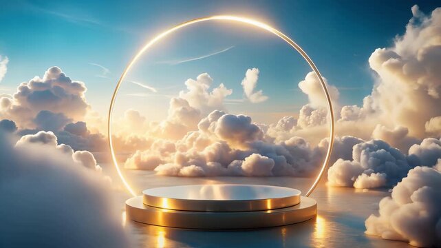 A glowing neon circle behind the podium in a golden cloudy sky