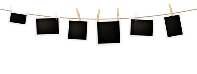  Photo Frames on Clothesline Banner Mockup Isolated on Transparent Background © Siam