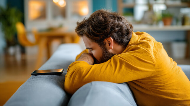 Faceless man from behind on a bright home sofa slumped slightly forward with elbows on knees in a posture of disappointment a smartphone face down on the cushion beside him