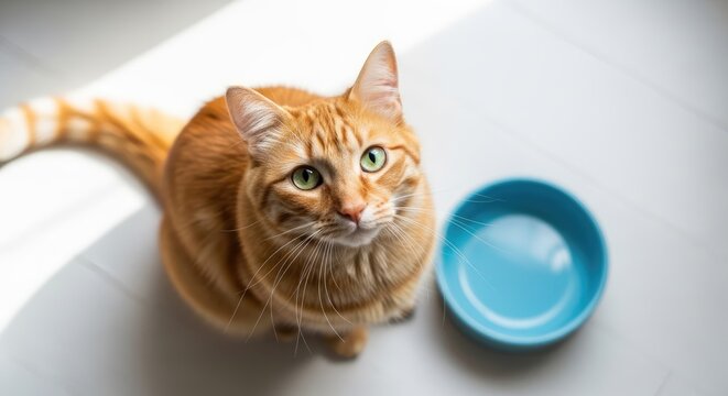 Hungry ginger cat looks up sitting next to empty blue food bowl on a white floor background. Pets concept.