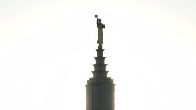 Aerial Telephoto Detail of Angel Moroni Statue Atop LDS Temple