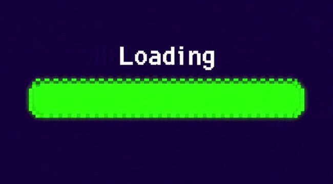Pixelated loading screen with white text and empty green progress bar icon on dark purple background