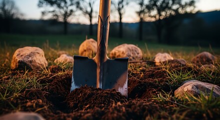 Shovel in a hole surrounded by rocks, at dusk, in a grassy field with trees