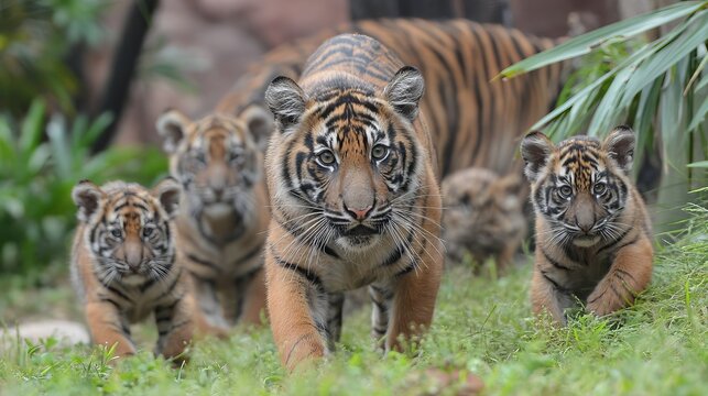Tiger cubs frolic with their mother, a Sumatran tiger. These small, amusing cubs and two adult tigers form a playful family.