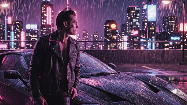 Man standing beside a car at night.