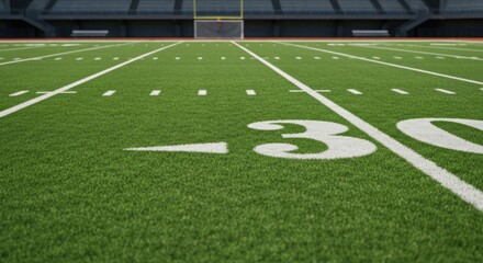 Obraz premium View from the 30-yard line of a football field towards goalposts in a stadium