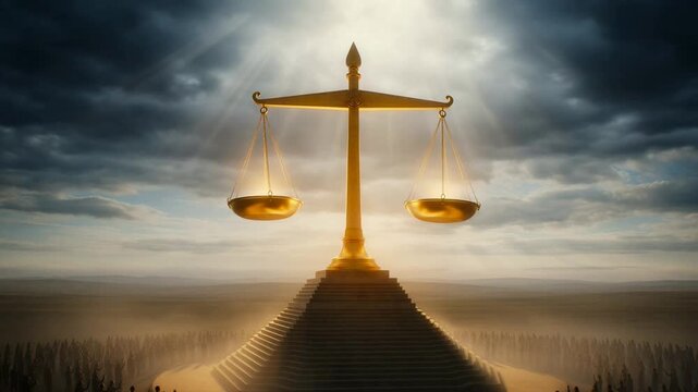 Golden balance scales of justice concept with silhouettes of people forming a crowd against a sunlit sky in sunset light with dramatic clouds and rays