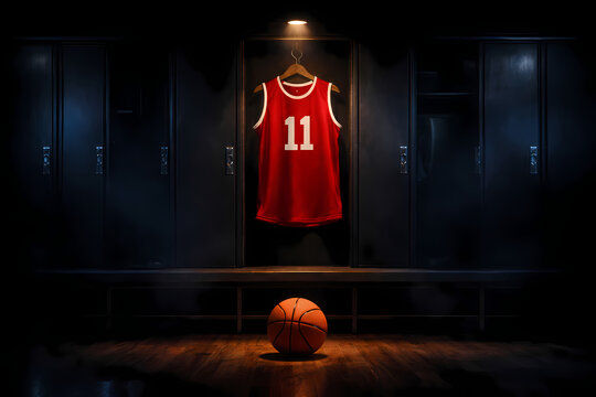 Red basketball jersey number 11 with ball in dark locker room