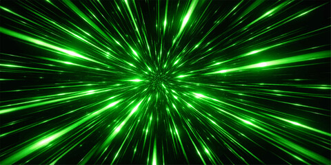 A bright abstract green and light background featuring a space design with stars, glowing fractal rays, and a burst of energy in a shining galaxy pattern © Md