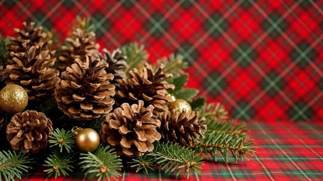 Festive pinecones and evergreen branches arranged on a plaid background