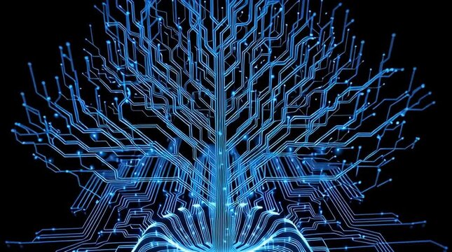 A futuristic video visualization of a tree with glowing blue roots and branches in a dark background