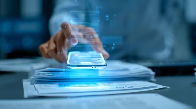 A person interacting with a futuristic digital interface on a stack of papers in a modern office video