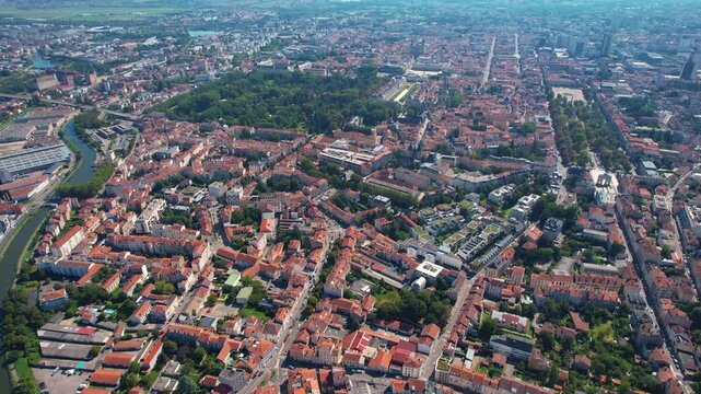 Aerial view around the old town in the city Nancy in France on a sunny  summer noon.