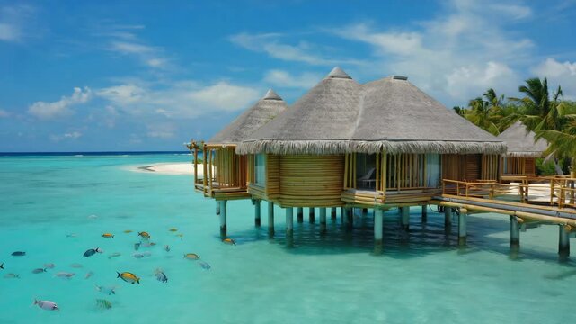 Serene overwater bungalow scene in the Maldives with palm tree shadows and turquoise water